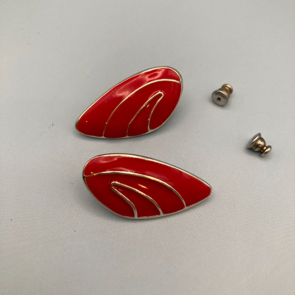 Vintage 1990s Enamel Inlay Wing Shaped Stud Back Earrings Red on Gold Tone Vivid